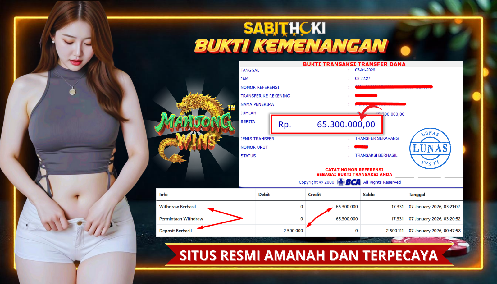 SELAMAT KEPADA MEMBER SETIA SABITHOKI YANG BERHASIL JACKPOT DI PERMAINAN MAHJONG WAYS